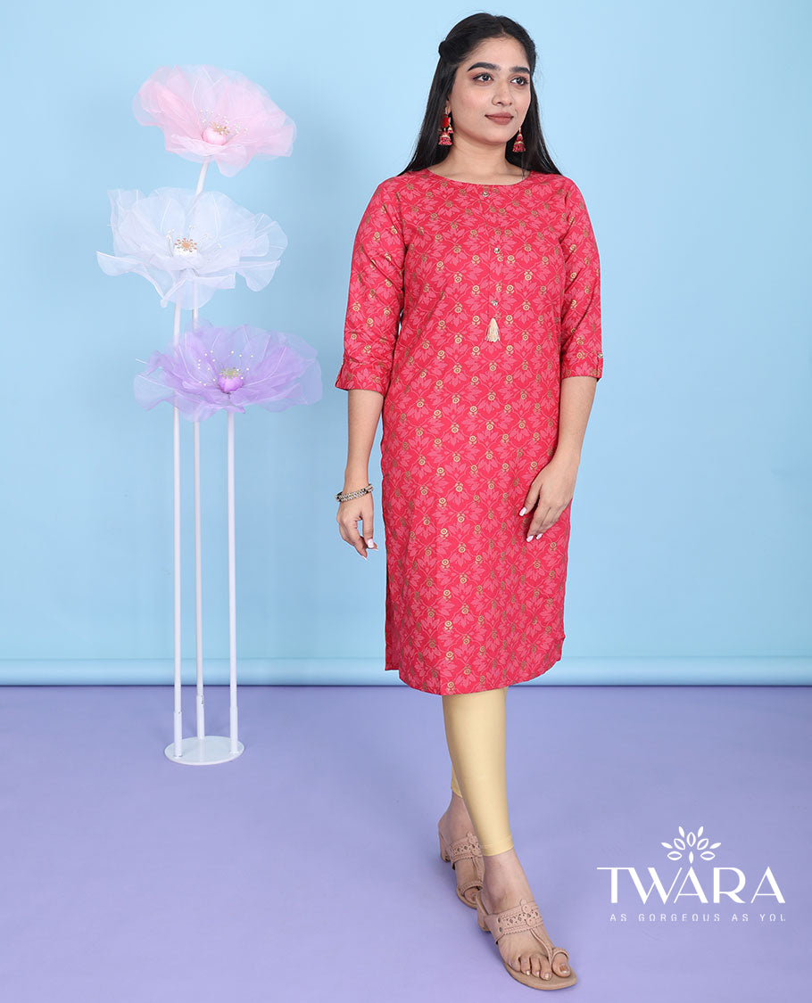 Red intricate ogee pattern printed with round neck 3/4th sleeve rayon straight-cut knee-length kurti