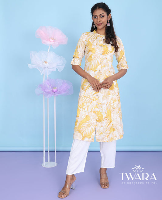 Yellow floral printed Chinese collar with elbow sleeve cotton straight-cut below-knee kurti