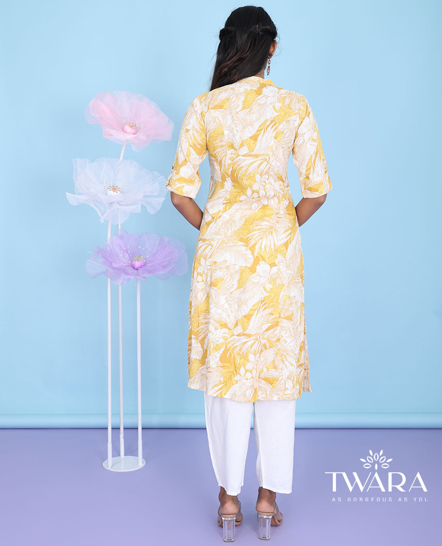 Yellow floral printed Chinese collar with elbow sleeve cotton straight-cut below-knee kurti