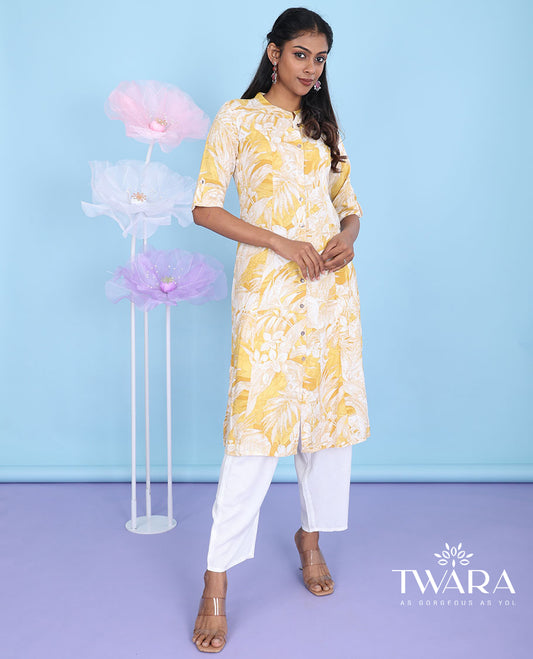 Yellow floral printed Chinese collar with elbow sleeve cotton straight-cut below-knee kurti