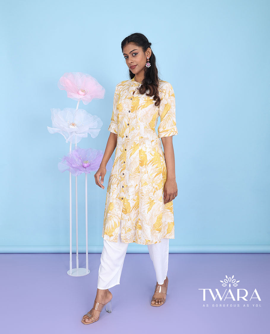 Yellow floral printed Chinese collar with elbow sleeve cotton straight-cut below-knee kurti