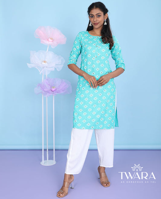 Blue intricate patterns printed with round neck 3/4th sleeve rayon straight-cut knee-length kurti