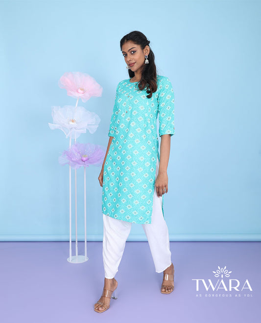 Blue intricate patterns printed with round neck 3/4th sleeve rayon straight-cut knee-length kurti
