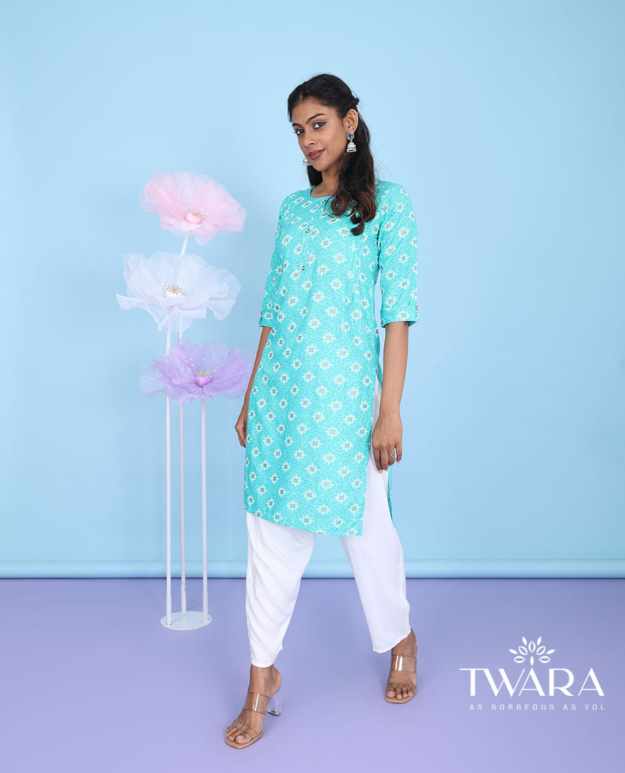 Blue intricate patterns printed with round neck 3/4th sleeve rayon straight-cut knee-length kurti