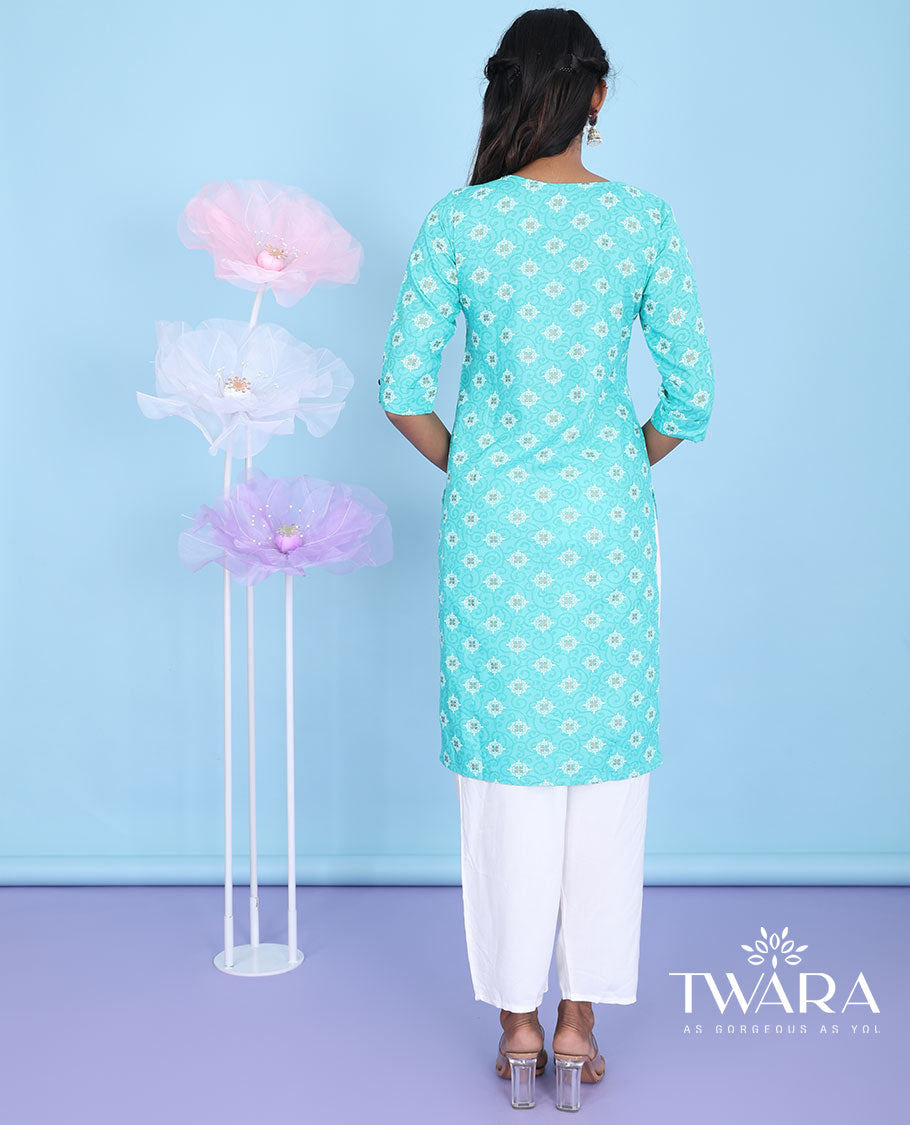 Blue intricate patterns printed with round neck 3/4th sleeve rayon straight-cut knee-length kurti