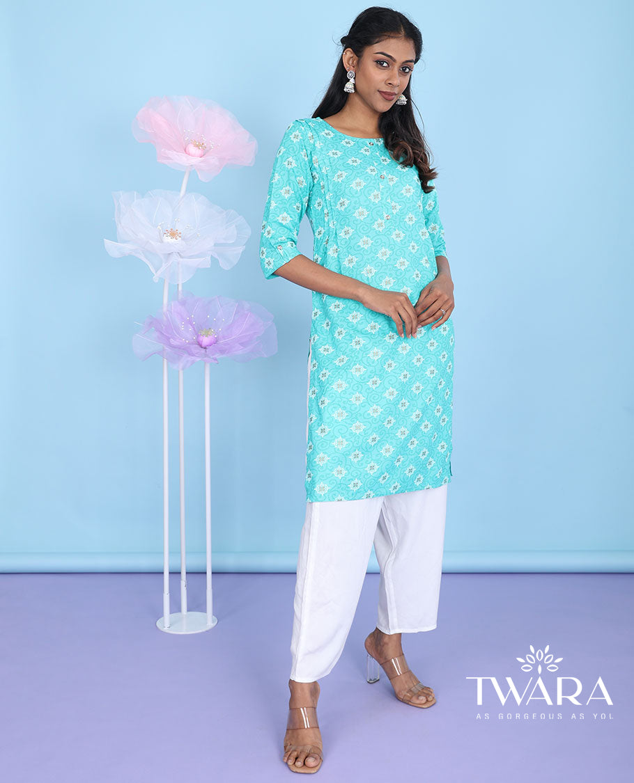 Blue intricate patterns printed with round neck 3/4th sleeve rayon straight-cut knee-length kurti