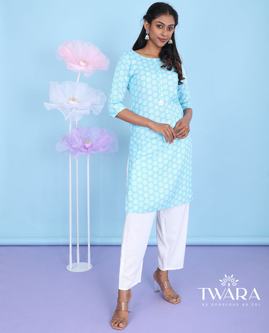 Blue chakram motifs printed with round neck 3/4th sleeve rayon straight-cut knee-length kurti