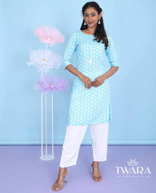 Blue chakram motifs printed with round neck 3/4th sleeve rayon straight-cut knee-length kurti