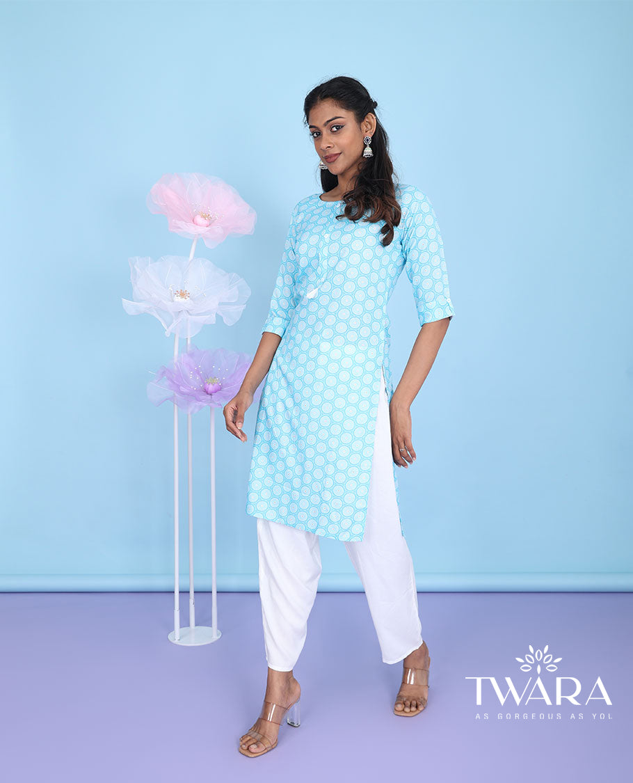 Blue chakram motifs printed with round neck 3/4th sleeve rayon straight-cut knee-length kurti