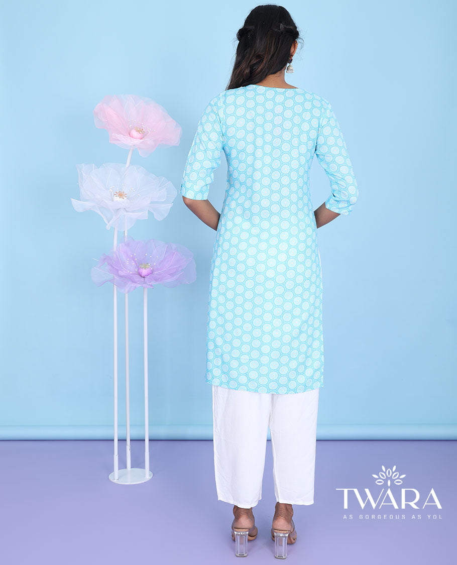 Blue chakram motifs printed with round neck 3/4th sleeve rayon straight-cut knee-length kurti