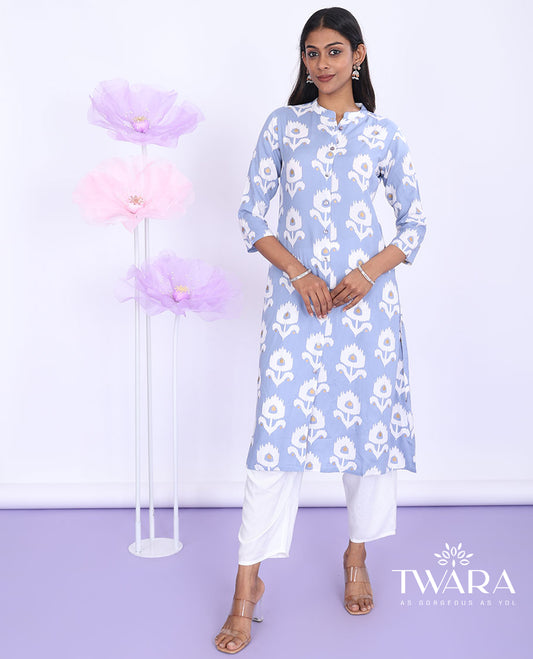 Twara Grey ikkat-style floral motifs printed Chinese collar with 3/4th sleeve rayon straight-cut below-knee kurti