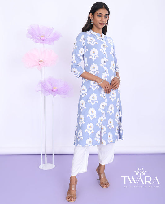 Twara Grey ikkat-style floral motifs printed Chinese collar with 3/4th sleeve rayon straight-cut below-knee kurti
