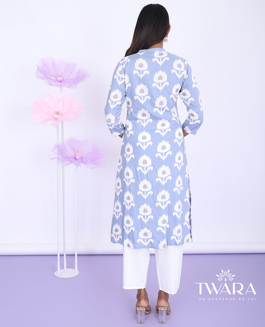 Twara Grey ikkat-style floral motifs printed Chinese collar with 3/4th sleeve rayon straight-cut below-knee kurti