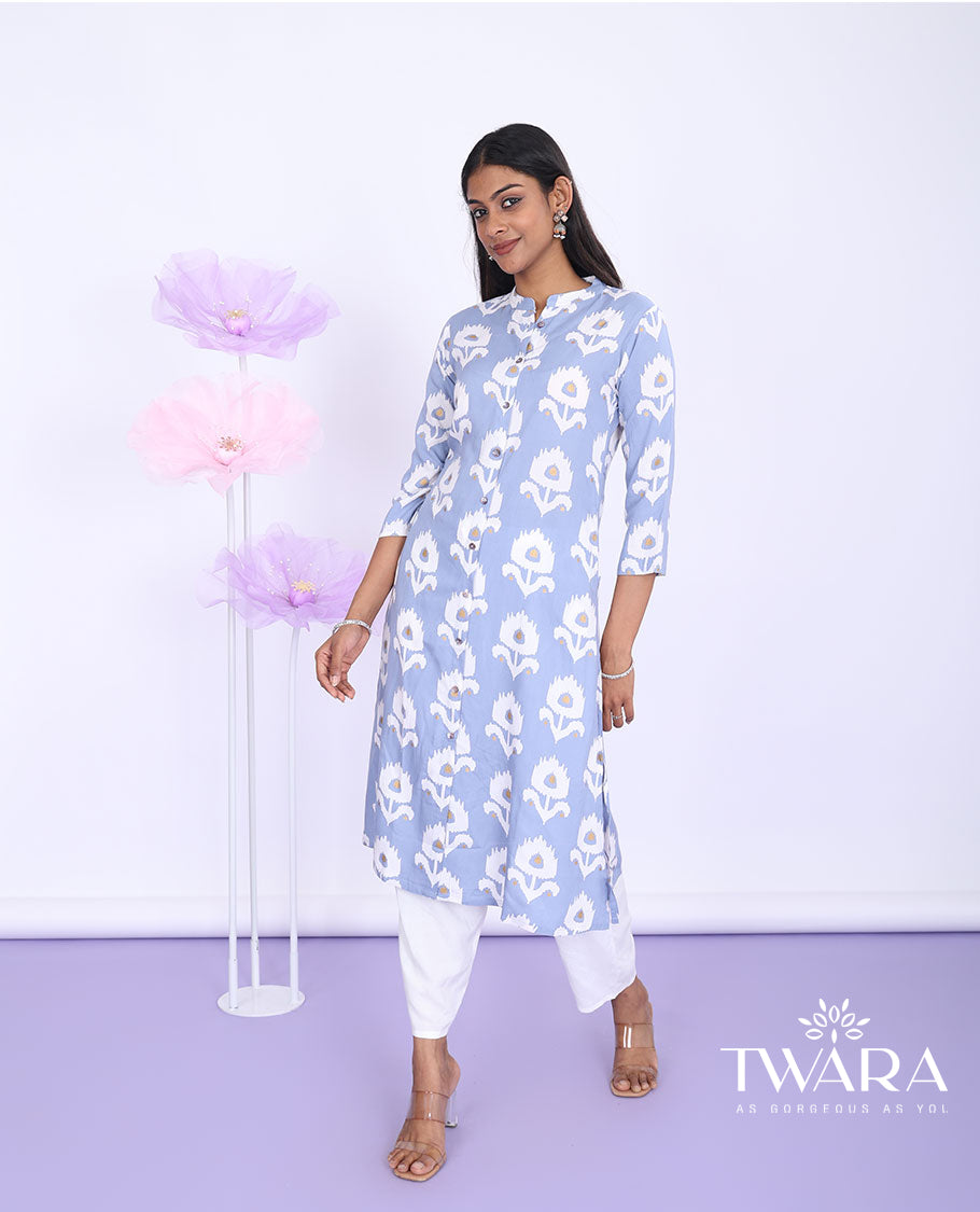 Twara Grey ikkat-style floral motifs printed Chinese collar with 3/4th sleeve rayon straight-cut below-knee kurti