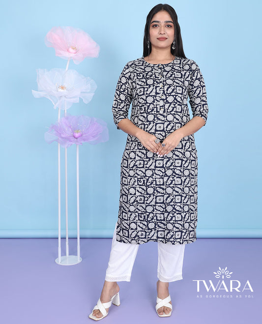 Black batik-style intricately printed round neck with 3/4th sleeve cotton straight-cut below-knee kurti