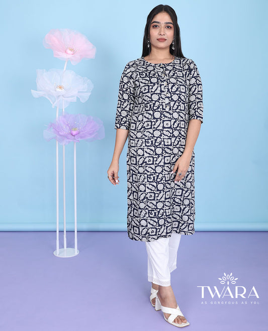 Black batik-style intricately printed round neck with 3/4th sleeve cotton straight-cut below-knee kurti