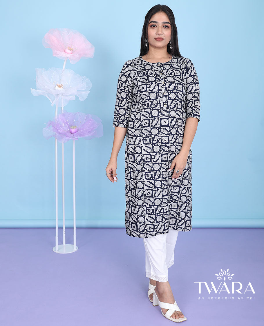 Black batik-style intricately printed round neck with 3/4th sleeve cotton straight-cut below-knee kurti