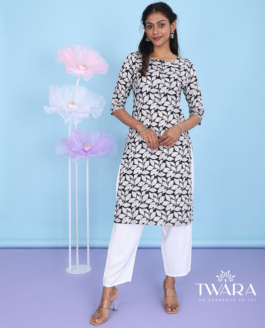 Black leaf vine printed round neck with 3/4th sleeve cotton straight-cut knee-length kurti