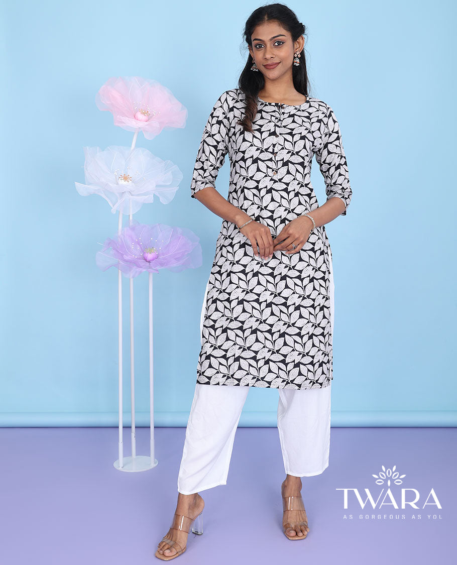 Black leaf vine printed round neck with 3/4th sleeve cotton straight-cut knee-length kurti