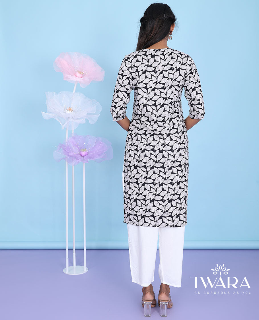 Black leaf vine printed round neck with 3/4th sleeve cotton straight-cut knee-length kurti