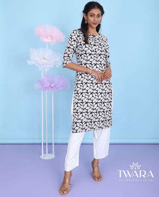 Black leaf vine printed round neck with 3/4th sleeve cotton straight-cut knee-length kurti