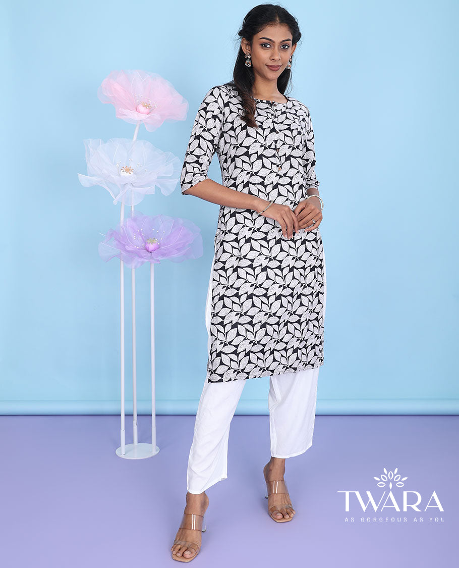 Black leaf vine printed round neck with 3/4th sleeve cotton straight-cut knee-length kurti