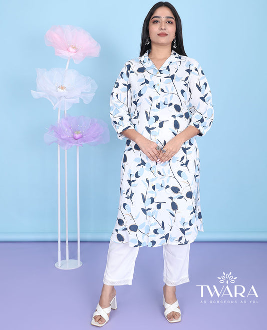 White floral & leaf vine printed regular collar with 3/4th sleeve cotton below-knee kurti