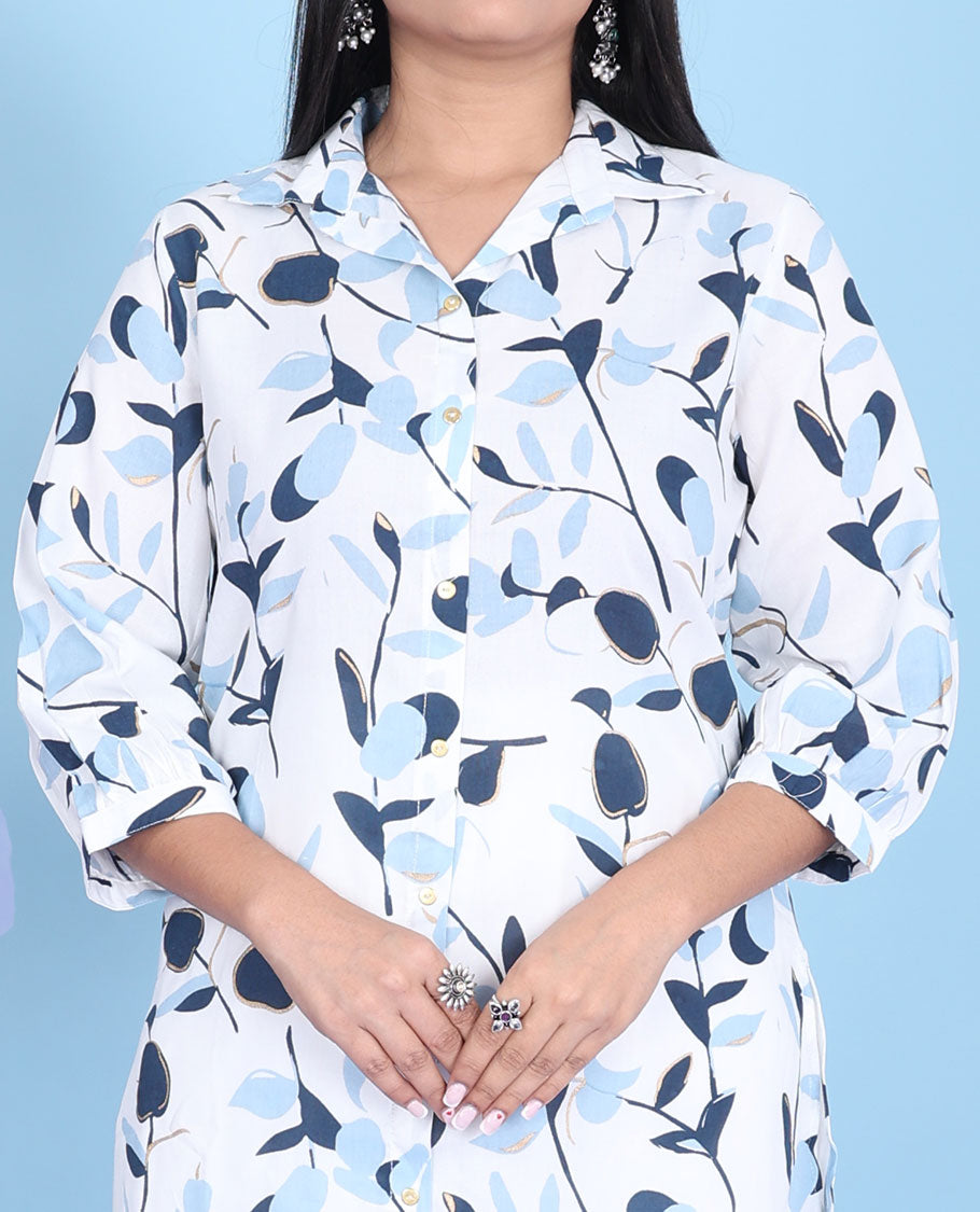 White floral & leaf vine printed regular collar with 3/4th sleeve cotton below-knee kurti