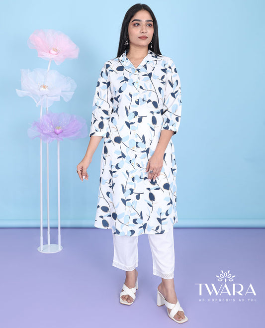White floral & leaf vine printed regular collar with 3/4th sleeve cotton below-knee kurti