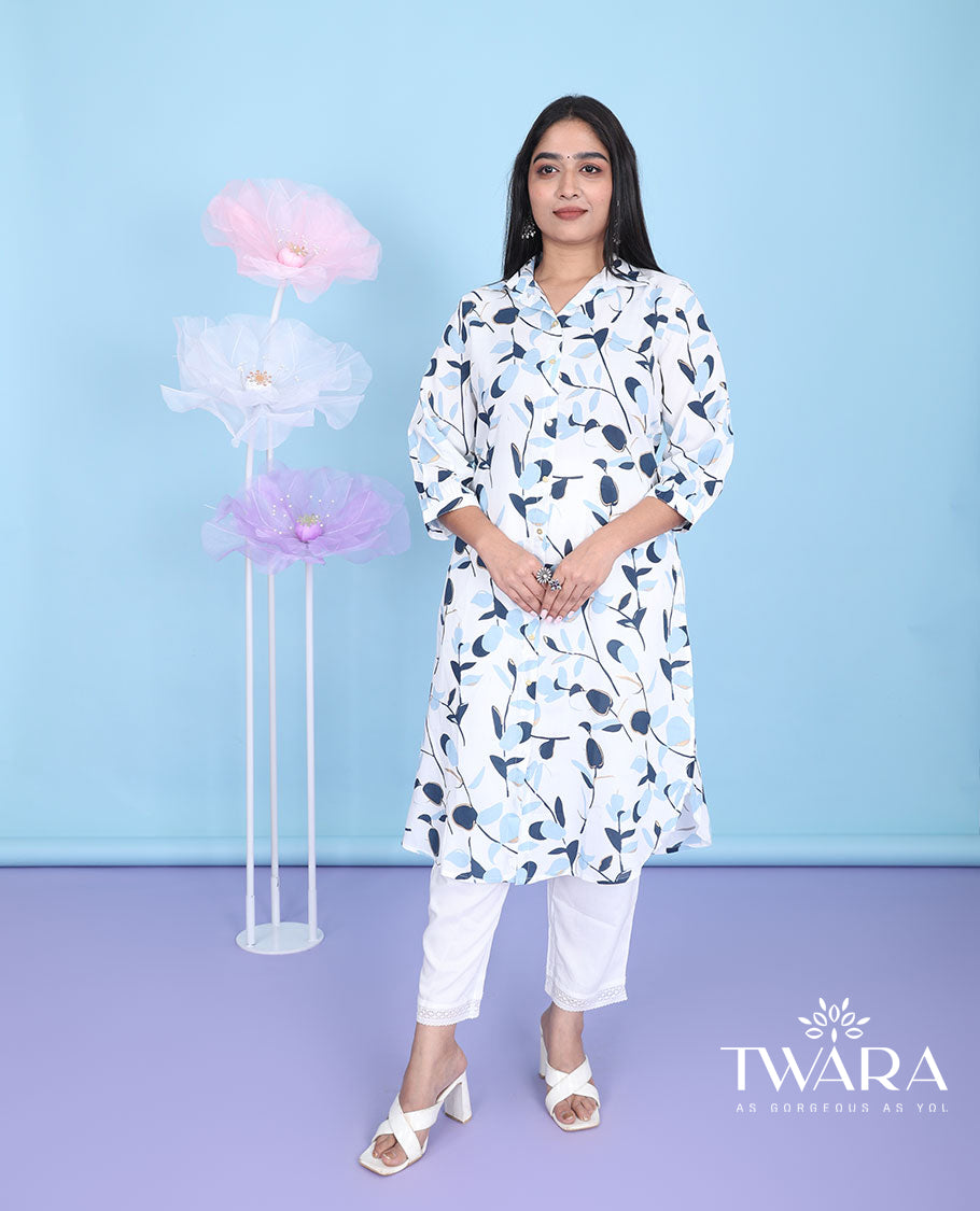 White floral & leaf vine printed regular collar with 3/4th sleeve cotton below-knee kurti