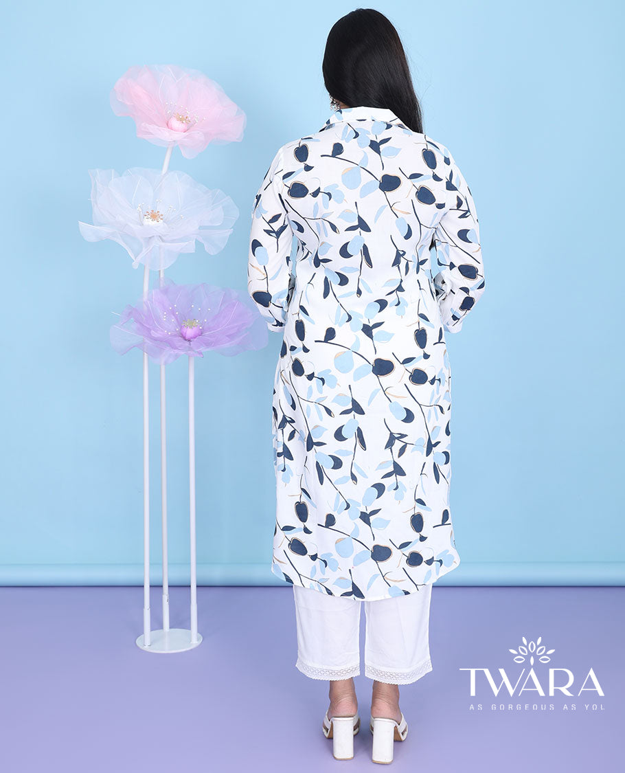 White floral & leaf vine printed regular collar with 3/4th sleeve cotton below-knee kurti