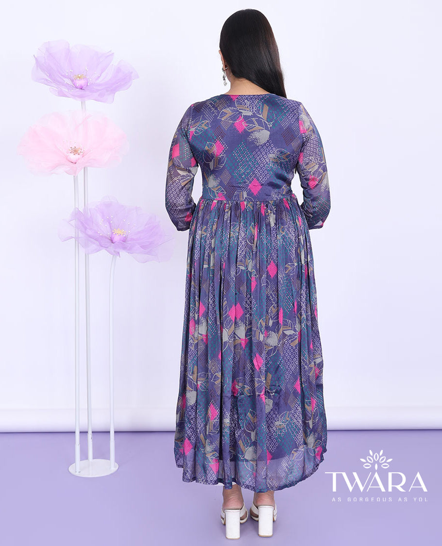 Blue intricately printed with embroidered alia-cut 3/4th sleeve a-line calf-length kurti