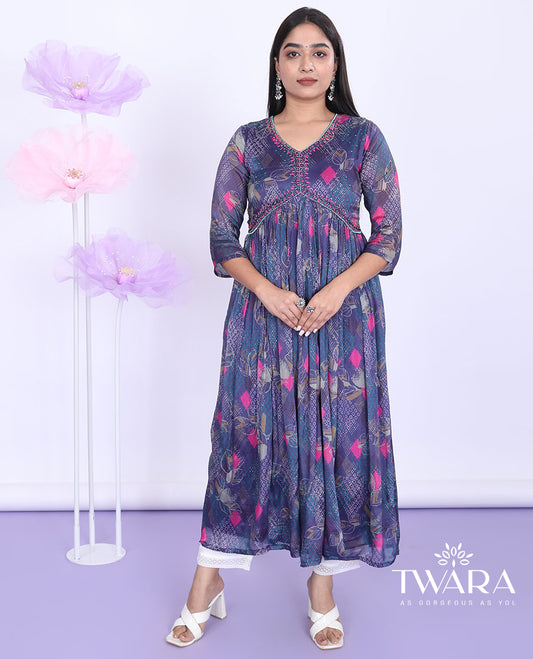 Blue intricately printed with embroidered alia-cut 3/4th sleeve a-line calf-length kurti