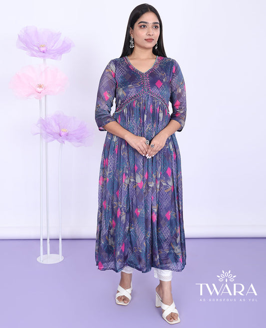Blue intricately printed with embroidered alia-cut 3/4th sleeve a-line calf-length kurti