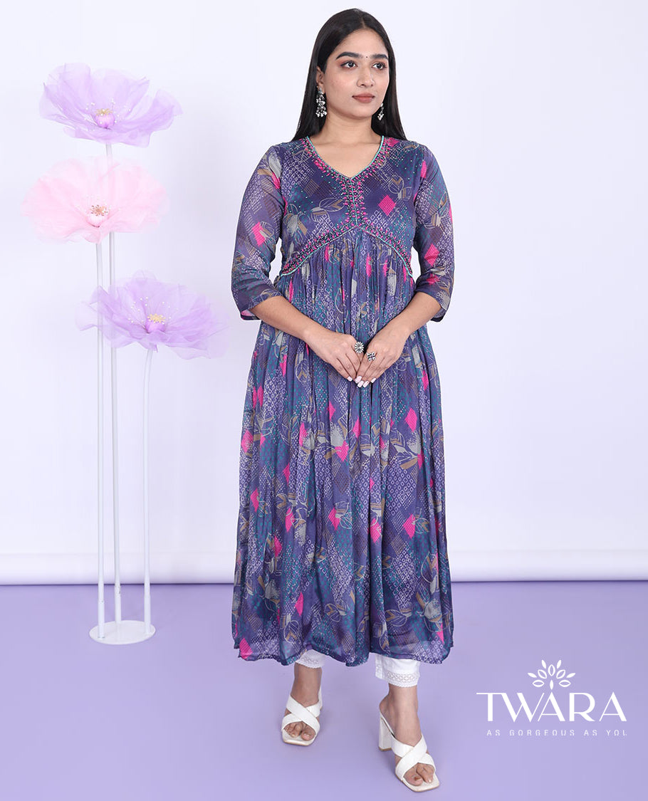 Blue intricately printed with embroidered alia-cut 3/4th sleeve a-line calf-length kurti