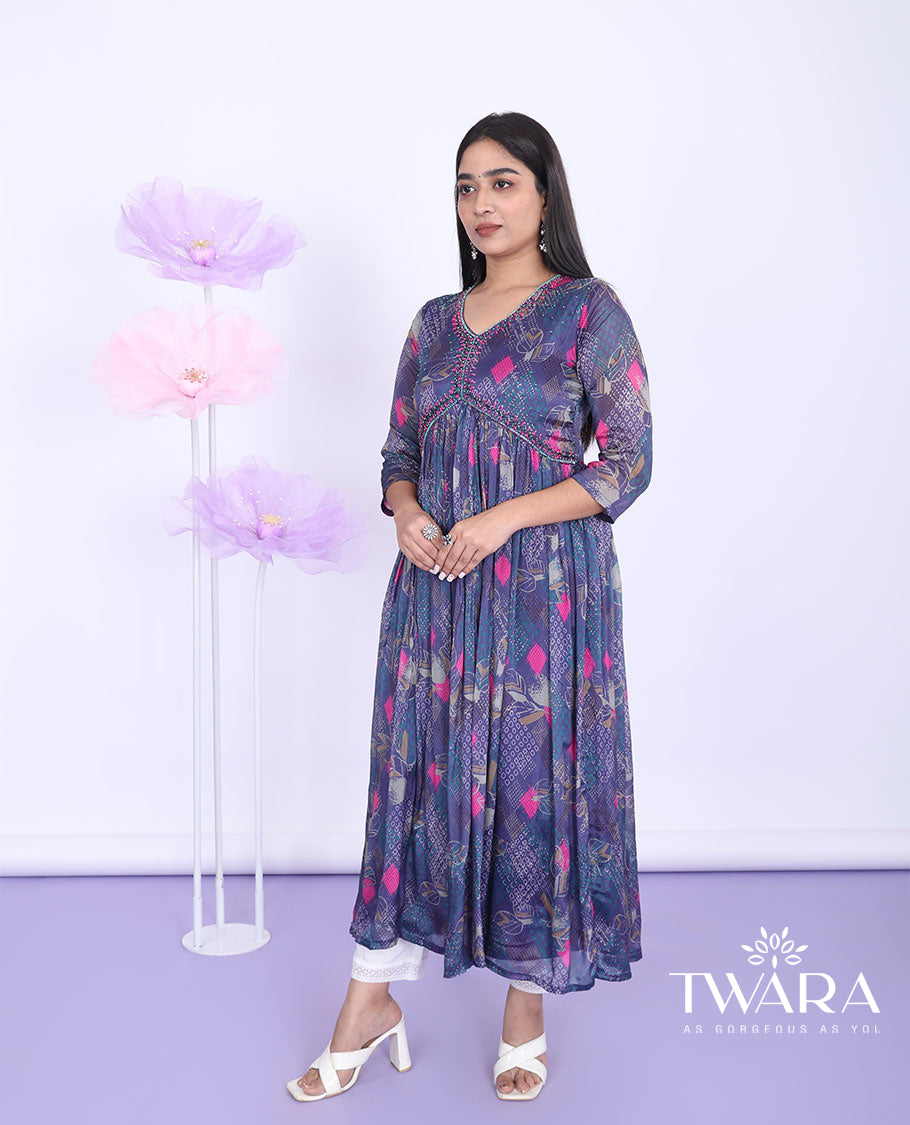 Blue intricately printed with embroidered alia-cut 3/4th sleeve a-line calf-length kurti