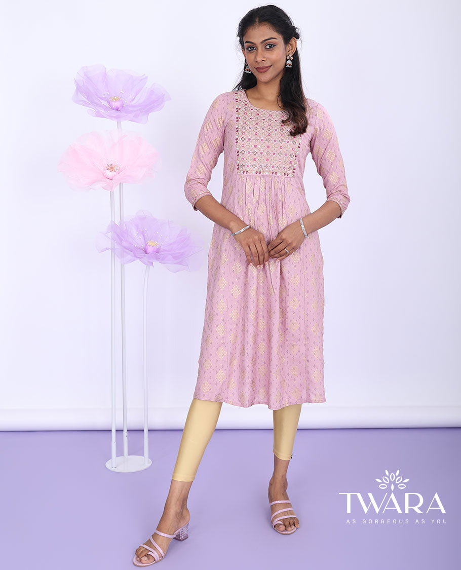 Pink intricate print, glitter work & mirror embroidered round neck with 3/4th sleeve cotton nyra-cut knee-length kurti