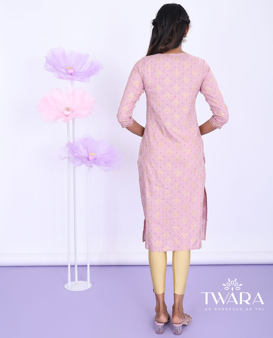 Pink intricate print, glitter work & mirror embroidered round neck with 3/4th sleeve cotton nyra-cut knee-length kurti