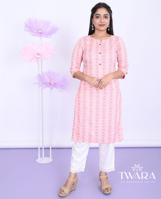 Pink unique motifs printed round neck with 3/4th sleeve rayon straight-cut below-knee kurti