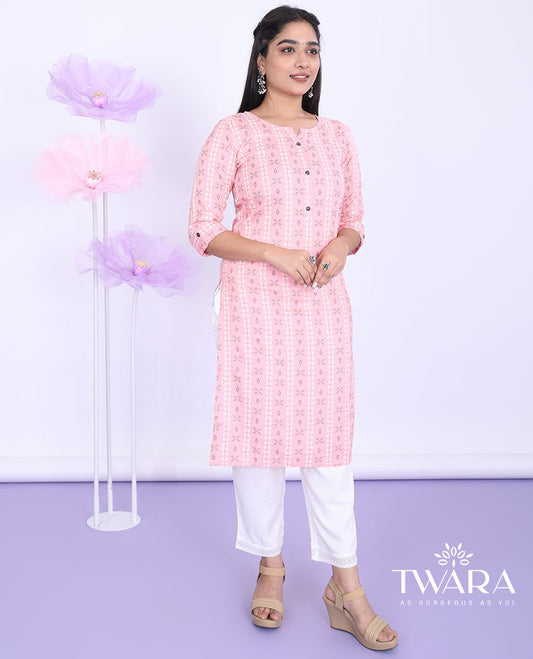 Pink unique motifs printed round neck with 3/4th sleeve rayon straight-cut below-knee kurti