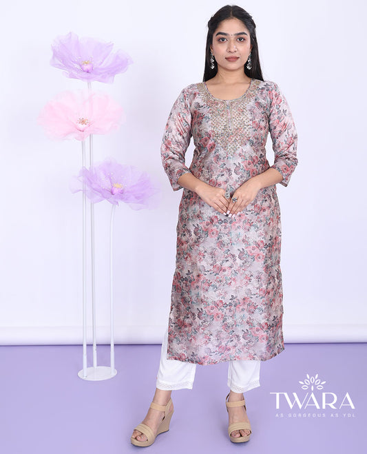 Twara Grey floral printed & bead embroidered round neck with 3/4th sleeve tissue straight-cut below-knee kurti
