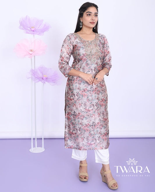 Twara Grey floral printed & bead embroidered round neck with 3/4th sleeve tissue straight-cut below-knee kurti