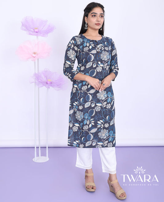 Blue floral vine printed round neck with 3/4th sleeve cotton straight-cut below-knee kurti
