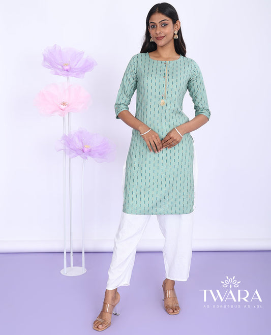 Twara green striped round neck with 3/4th sleeve cotton straight-cut knee-length kurti