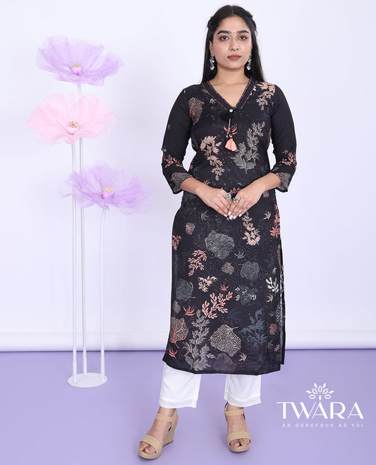 Twara black floral vine printed v-neck with 3/4th sleeve muslin straight-cut below-knee kurti