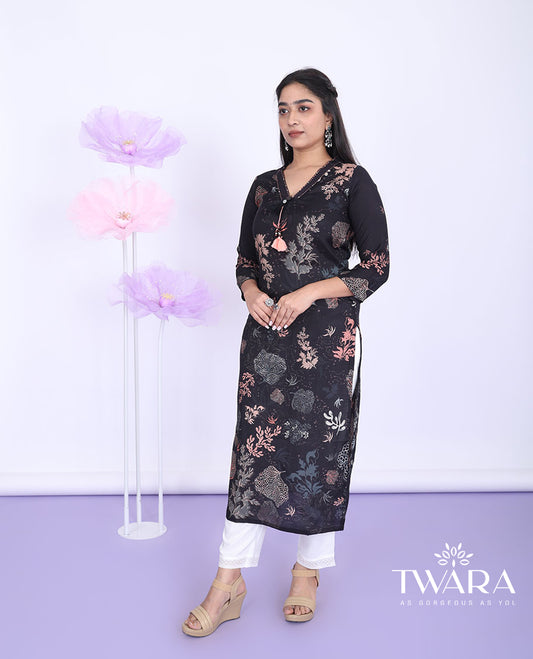 Twara black floral vine printed v-neck with 3/4th sleeve muslin straight-cut below-knee kurti