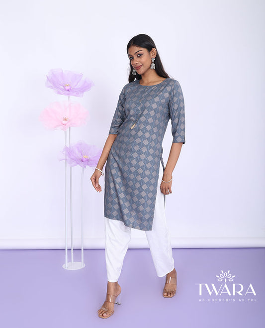 Twara grey argyle printed round neck with 3/4th sleeve rayon straight-cut knee-length kurti