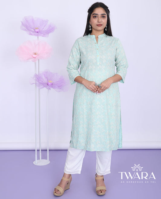 Twara Blue micro-floral printed Chinese collar with 3/4th sleeve rayon straight-cut below-knee kurti