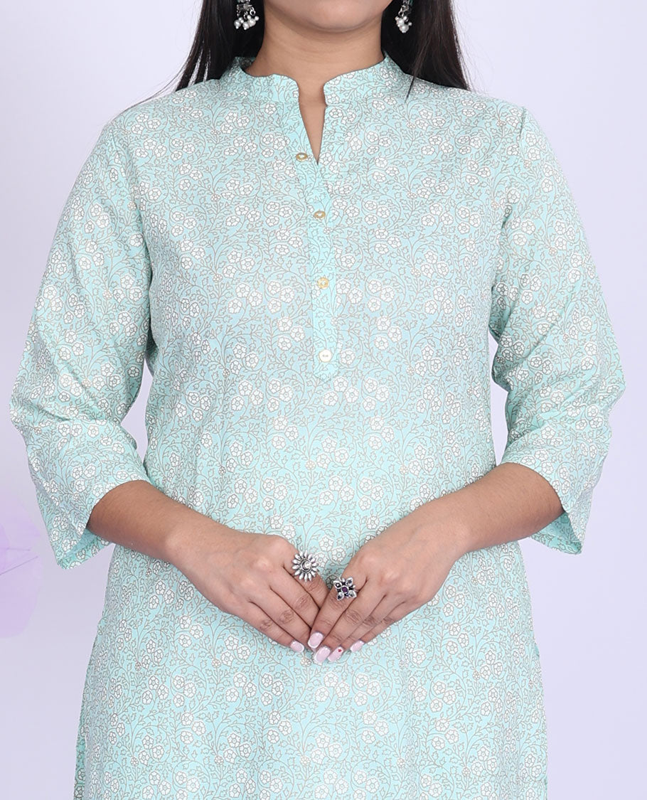 Twara Blue micro-floral printed Chinese collar with 3/4th sleeve rayon straight-cut below-knee kurti
