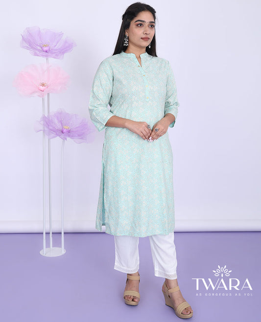Twara Blue micro-floral printed Chinese collar with 3/4th sleeve rayon straight-cut below-knee kurti
